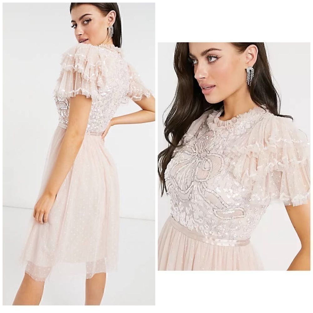 Needle & Thread embellished ruffle sleeve midi dress in blush nwt 6